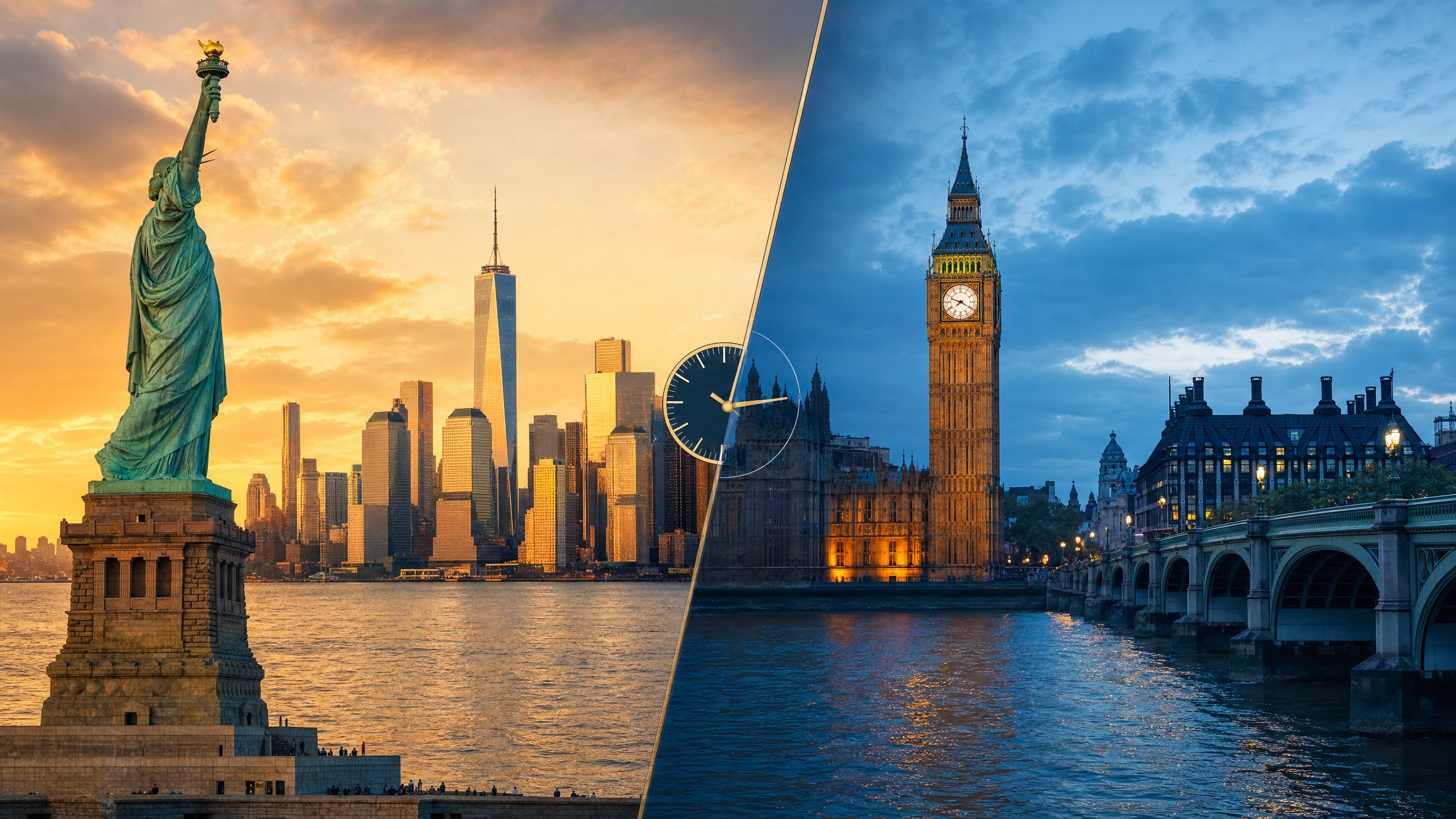 Split view of New York City and London skylines side by side