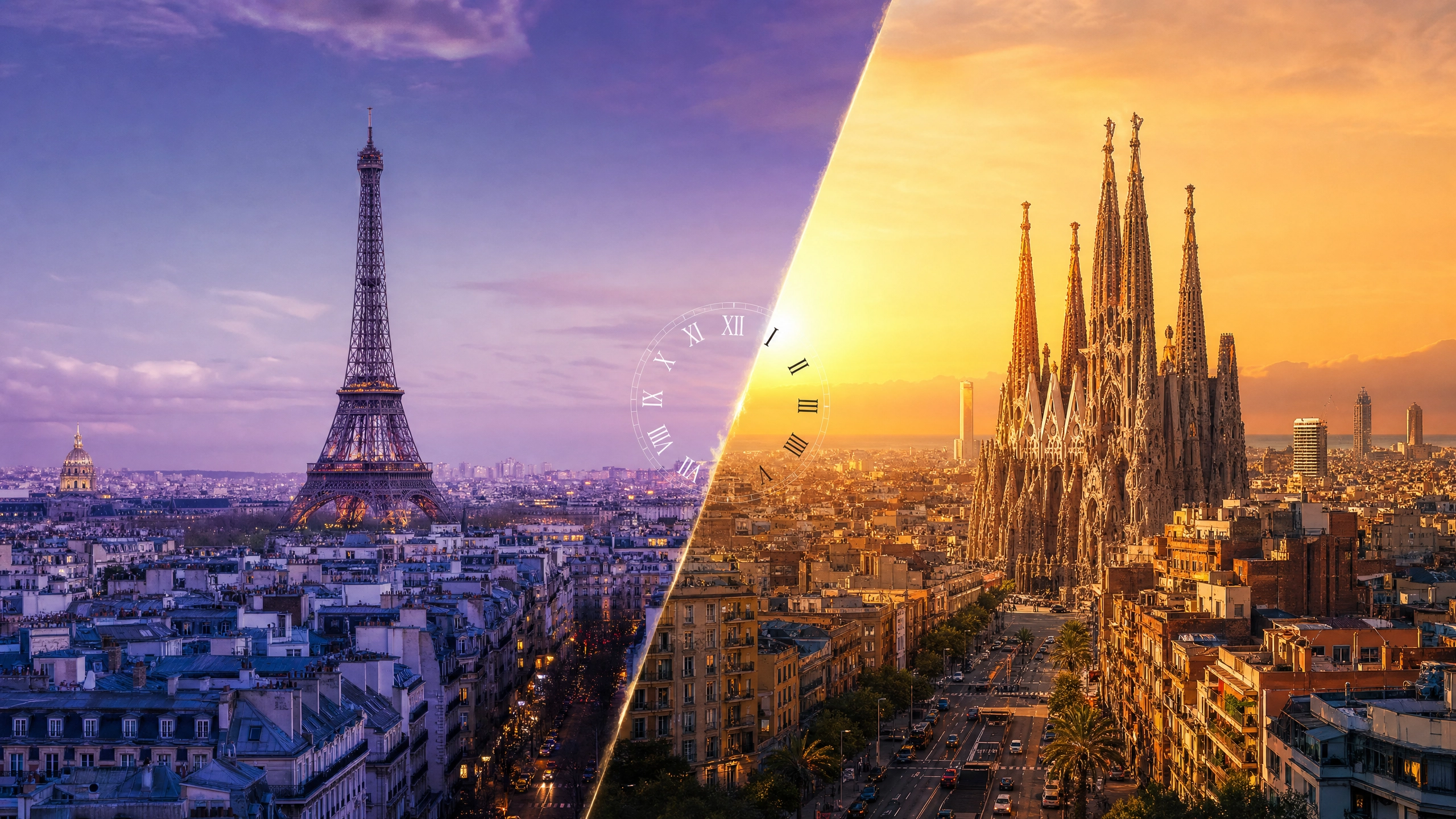 Split view of Paris and Barcelona iconic landmarks side by side