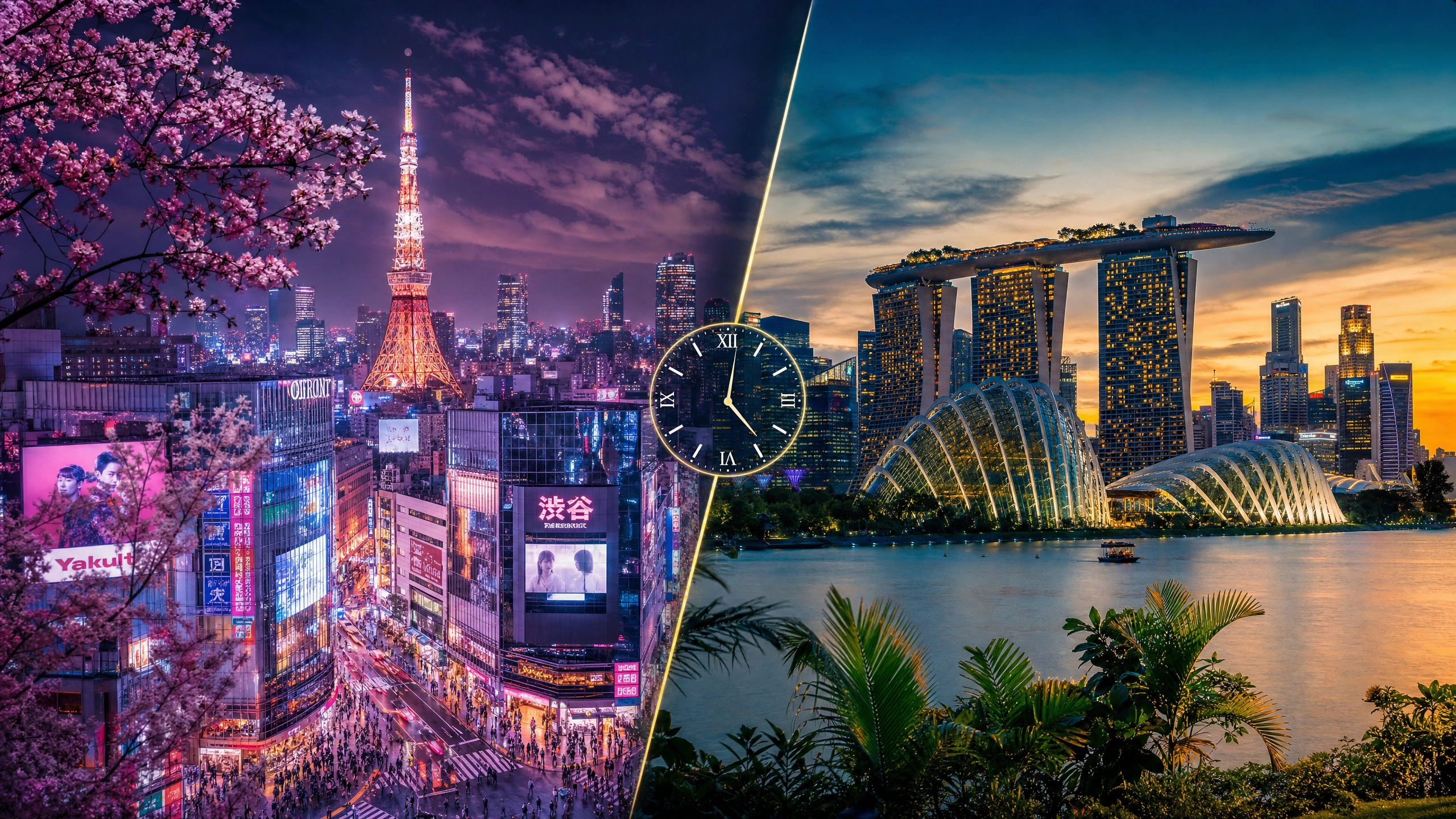 Split view of Tokyo and Singapore skylines side by side
