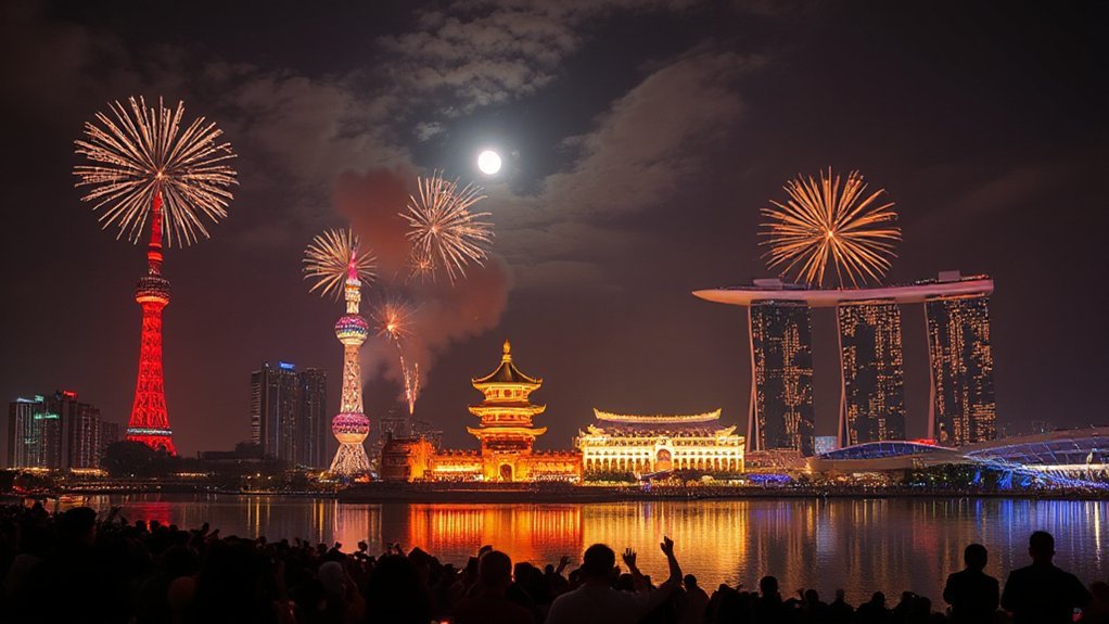 neon temples drones fireworks